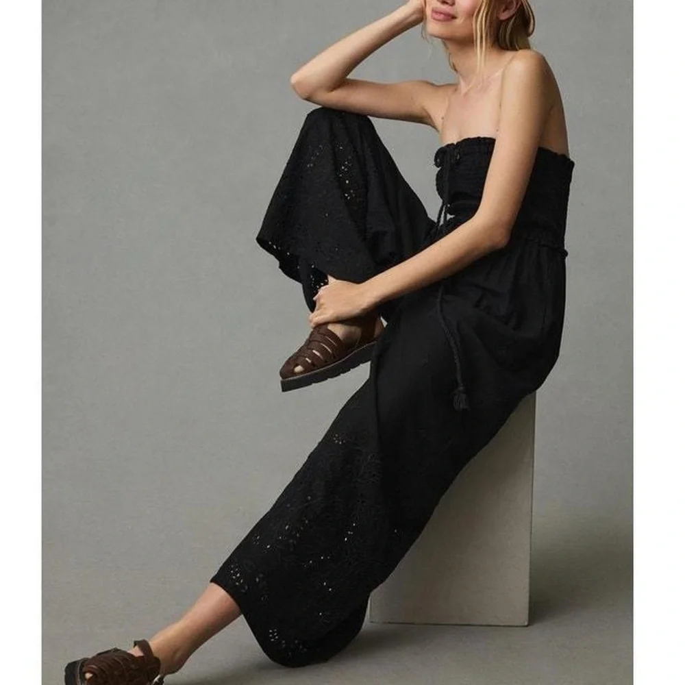 Anthropologie Strapless Eyelet Jumpsuit Black